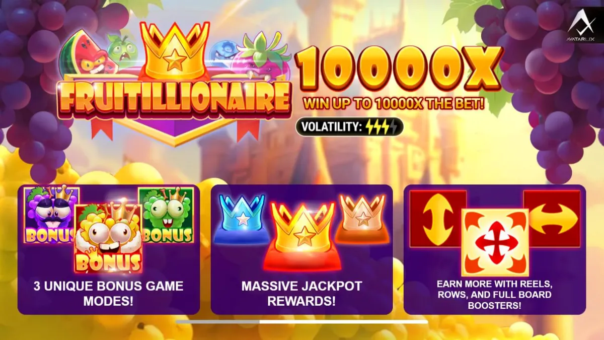 Tampilan visual permainan slot Fruitillionaire dengan karakter buah yang marah