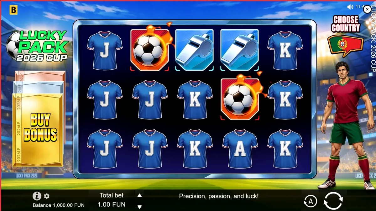 Tampilan visual slot Lucky Pack 2026 Cup dengan tema stadion sepak bola.