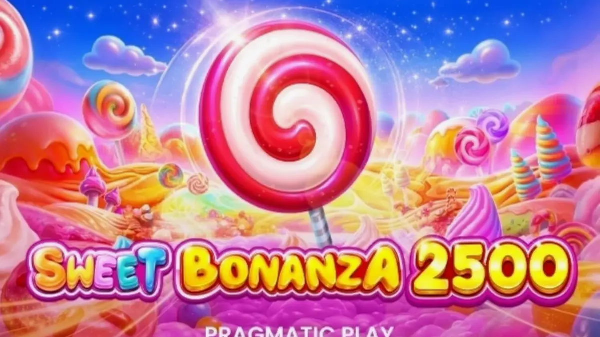 Tampilan visual penuh warna dari slot Sweet Bonanza 2500 dengan tema permen dan buah-buahan.